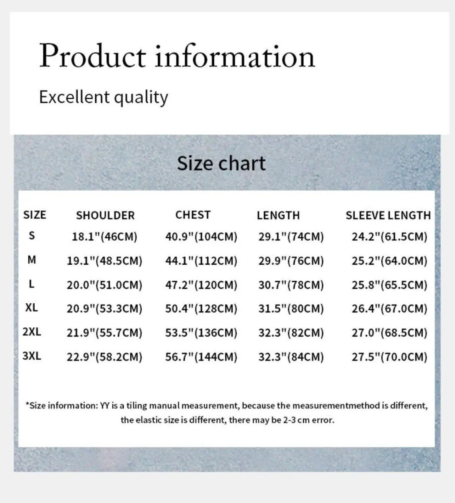 Product information label showing size chart in inches and centimeters for slim fit wrinkle resistant contrast trim dress shirt