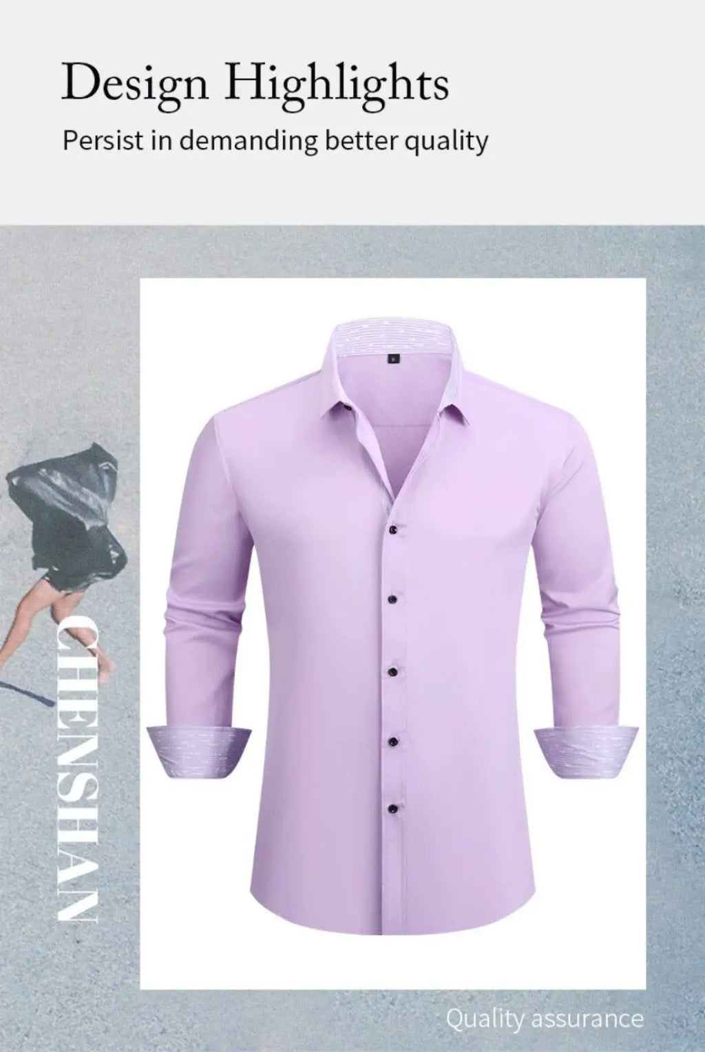 Slim fit wrinkle resistant lavender men’s dress shirt with long sleeves classic collar and button-down front