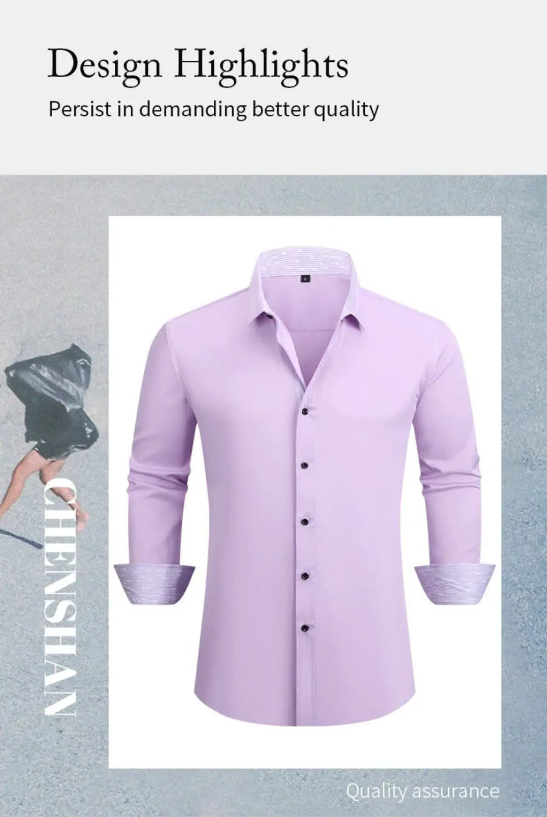 Slim fit wrinkle resistant lavender men’s dress shirt with long sleeves classic collar and button-down front