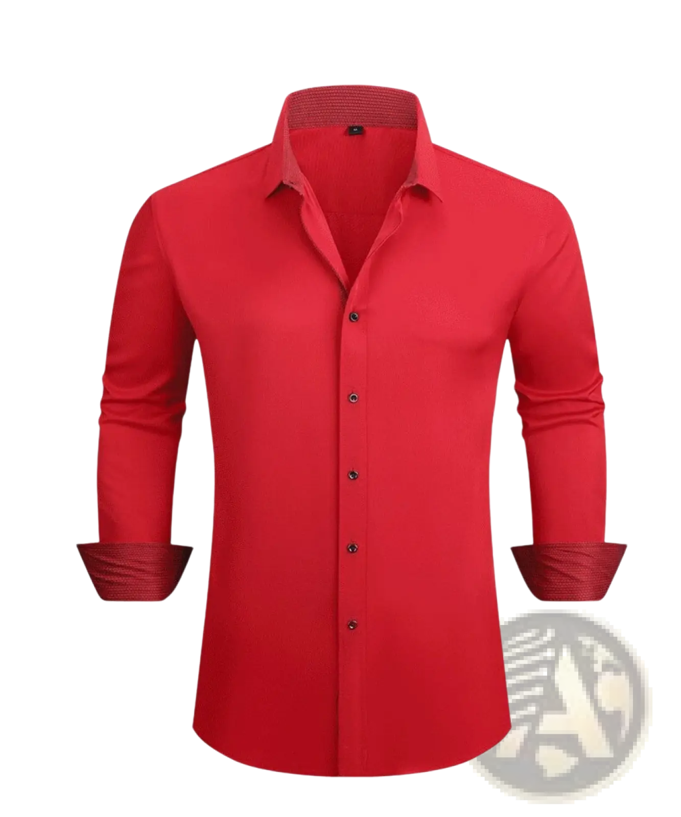 A vibrant red slim fit wrinkle resistant men’s dress shirt with modern cut and subtle textured cuffs
