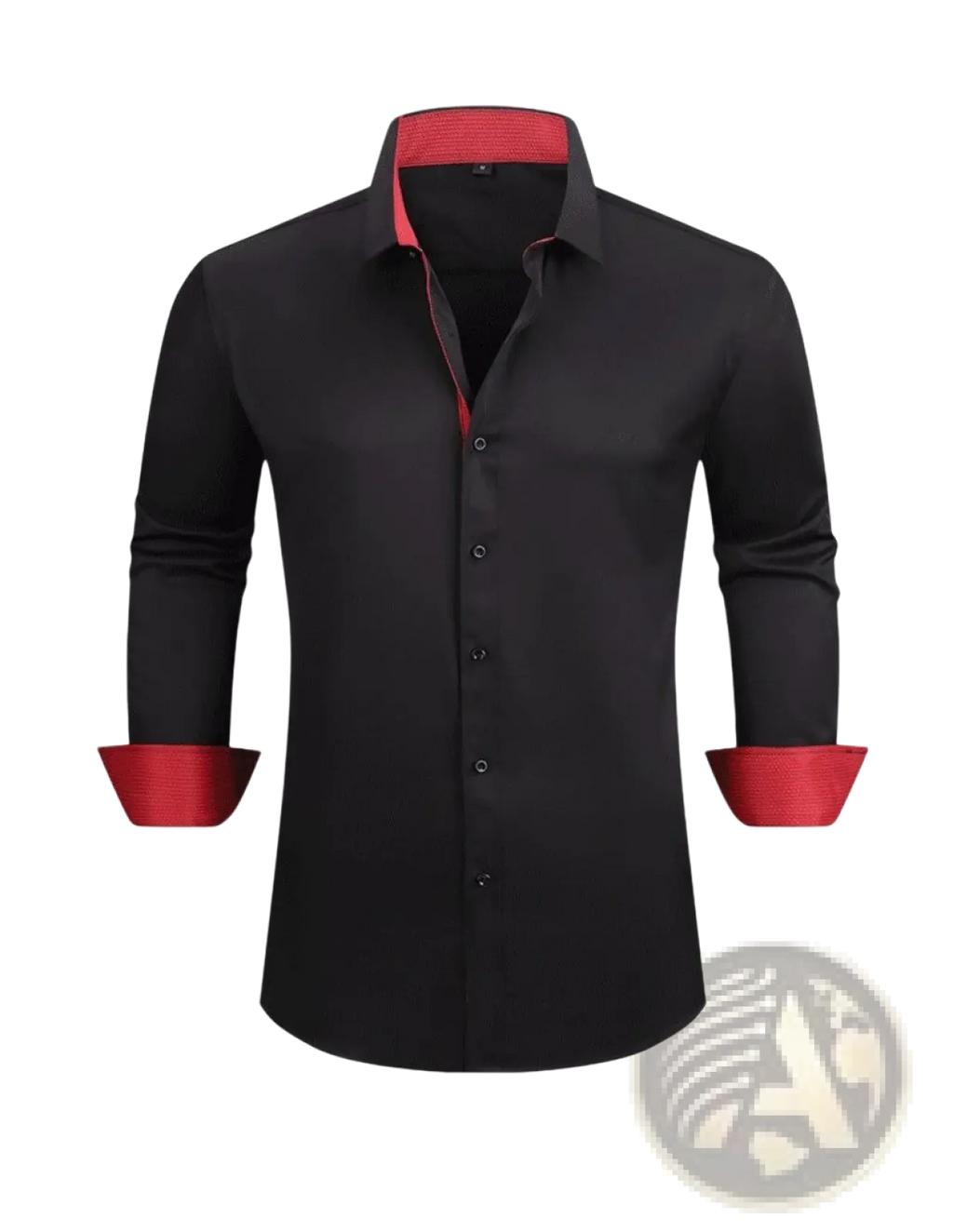 Black slim fit wrinkle resistant long sleeve dress shirt with red contrast inner collar and cuff accents