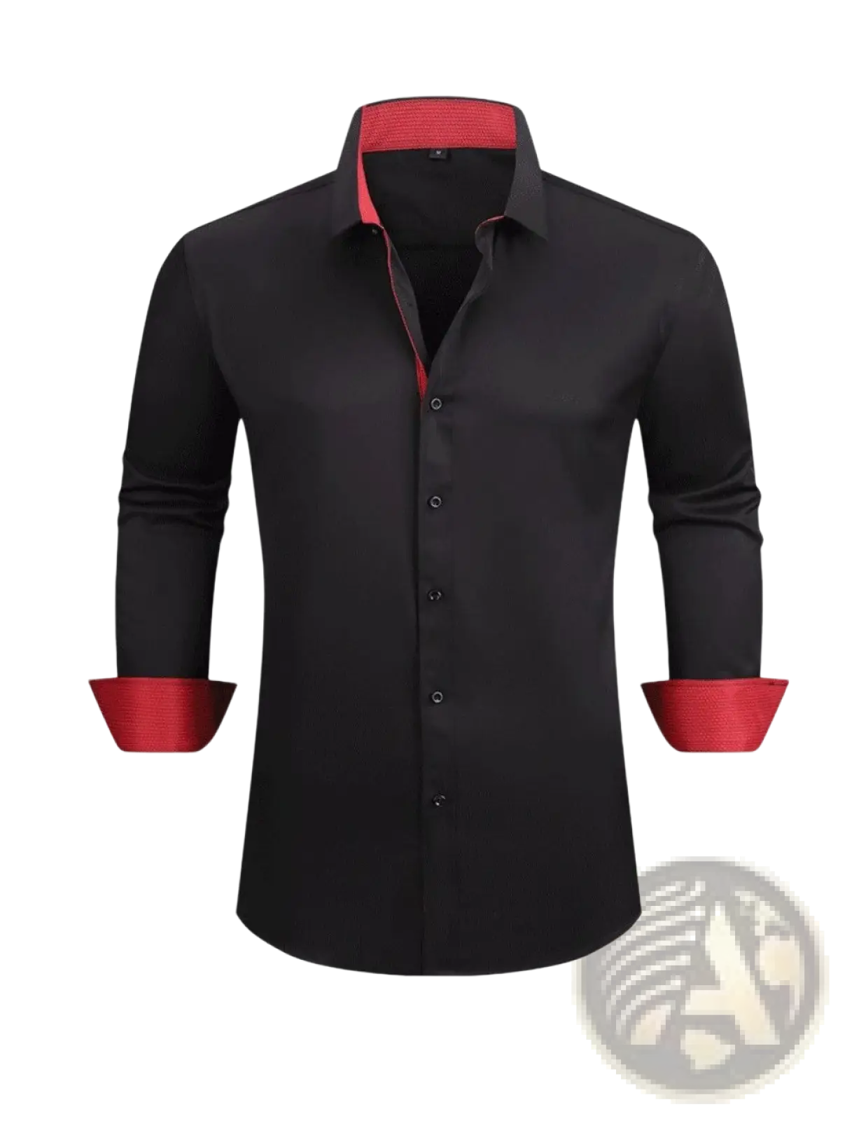 Black slim fit wrinkle resistant long sleeve dress shirt with red contrast inner collar and cuff accents