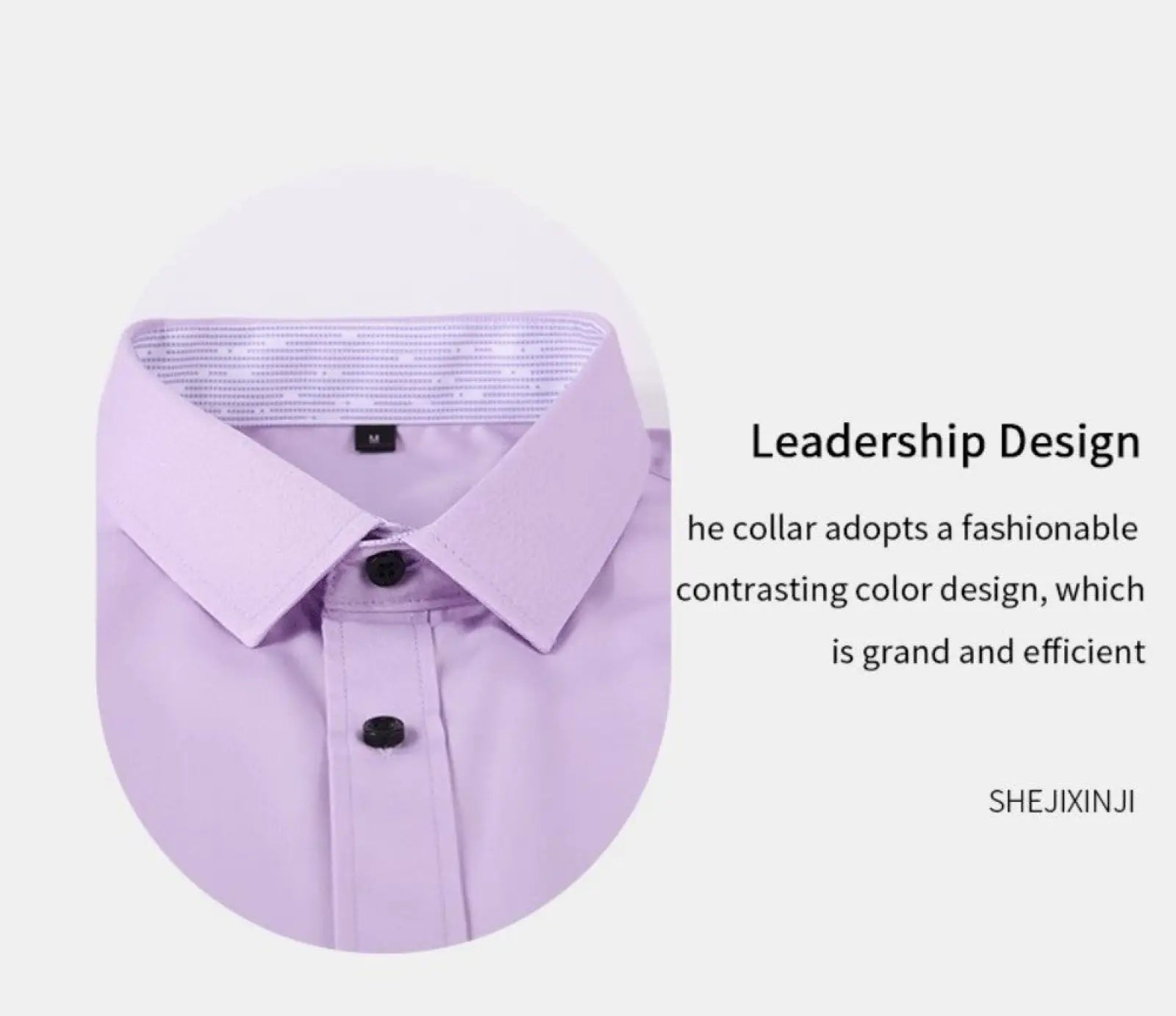 Slim fit wrinkle resistant lavender dress shirt collar with subtle contrast inner lining and black buttons