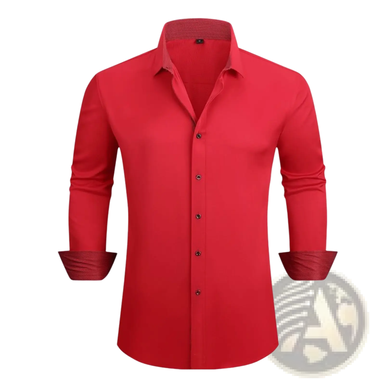 A vibrant red slim fit wrinkle resistant men’s dress shirt with a tailored fit and subtle textured cuffs