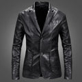 Men’s slim fit lightweight black leather blazer jacket with a sleek tailored fit and subtle stitching details