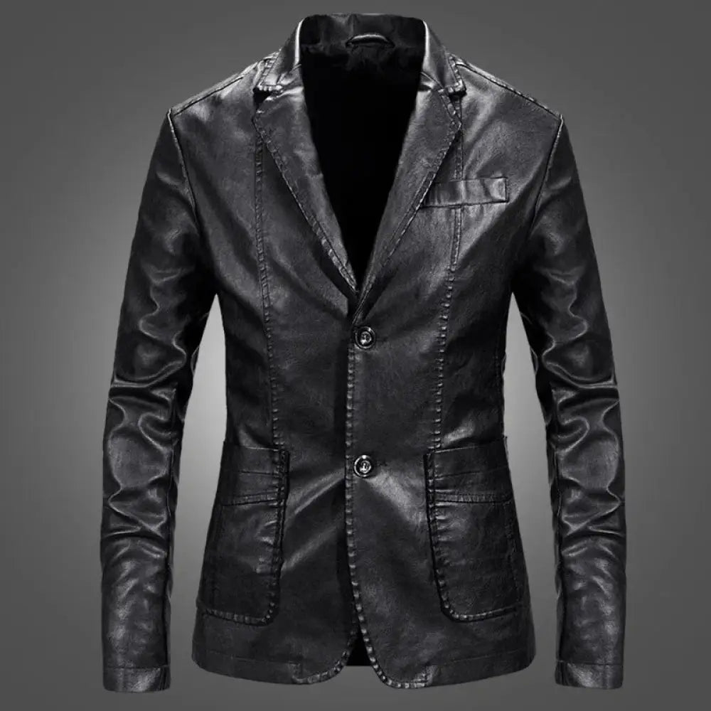 Men’s slim fit lightweight black leather blazer jacket with a sleek tailored fit and subtle stitching details