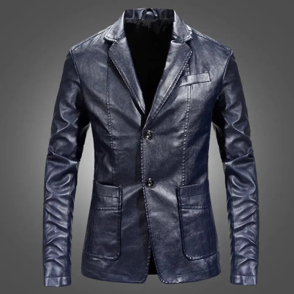 Men’s slim fit dark blue faux leather blazer jacket with classic double-breasted design and two front pockets