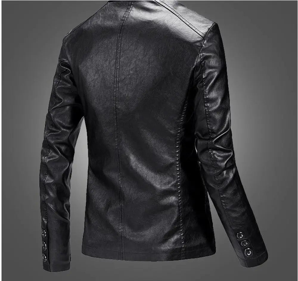 Men’s slim fit lightweight black leather blazer jacket with sleek fitted design and subtle stitching details