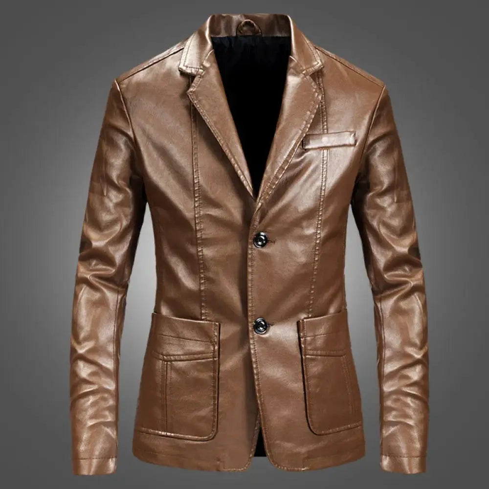 Brown slim fit lightweight faux leather blazer jacket with sleek modern design and two front pockets for men