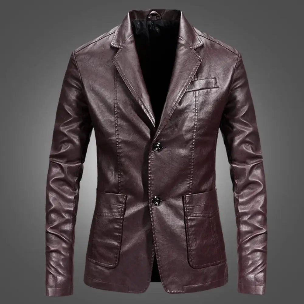 A sleek dark brown leather men’s slim fit lightweight double-breasted blazer jacket with two front pockets