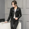 Women’s slim fit quilted black faux leather motorcycle jacket with zipper details and a sleek fitted design