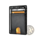 Slim leather RFID blocking card holder wallet in black with multiple card slots and an orange chip card slot