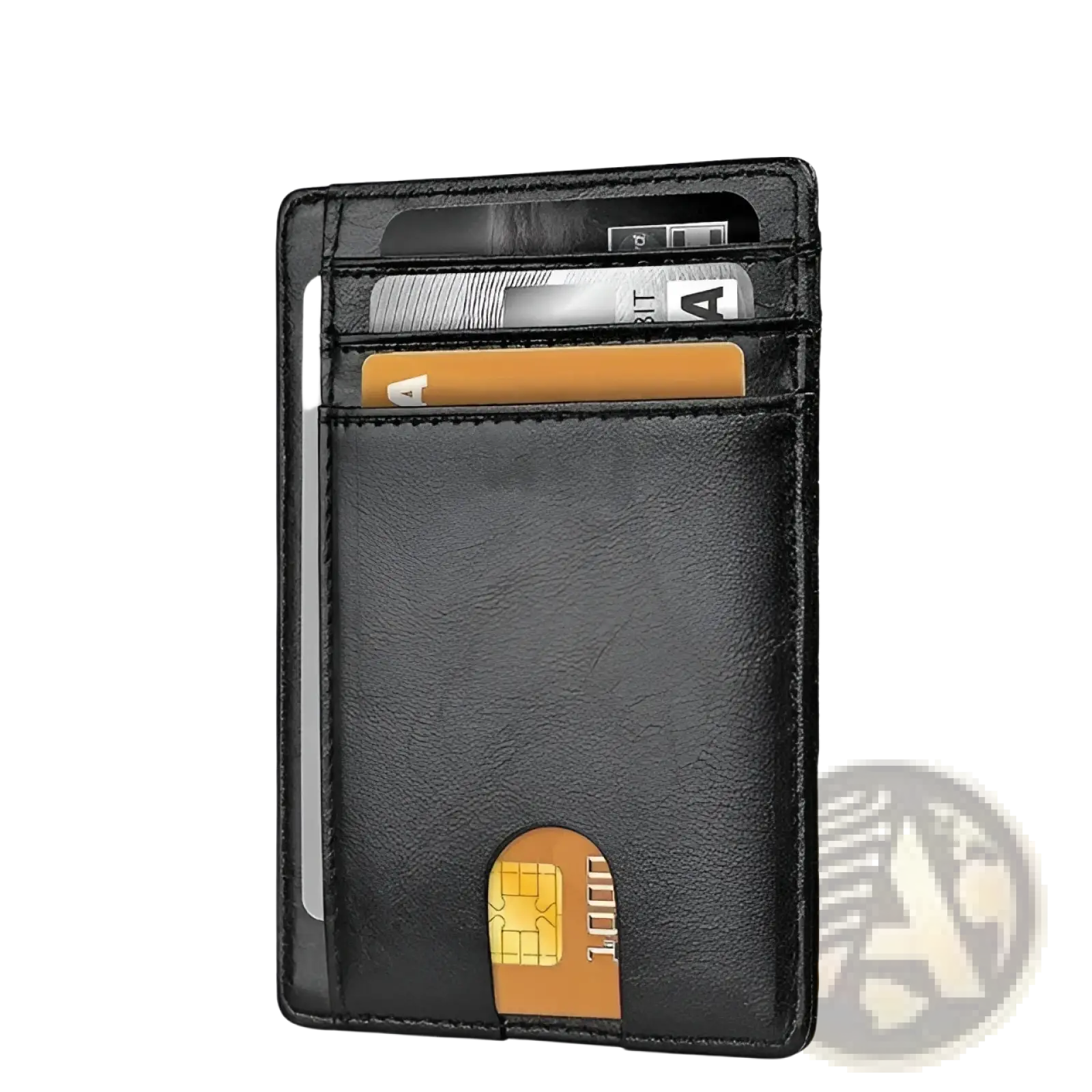 Slim leather RFID blocking card holder wallet in black with multiple card slots and an orange chip card slot