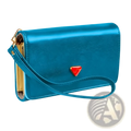 Teal metallic pu leather slim wristlet wallet with red triangular logo and gold tone hardware for cards and cash