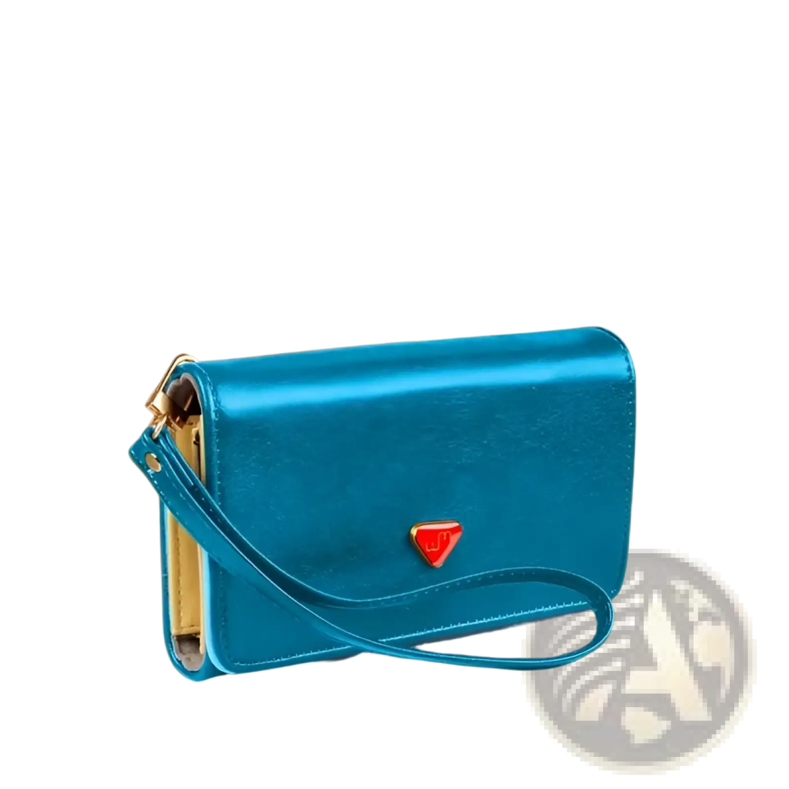 A sleek turquoise slim metallic pu leather wristlet wallet and card holder with red logo and gold hardware shown from back side