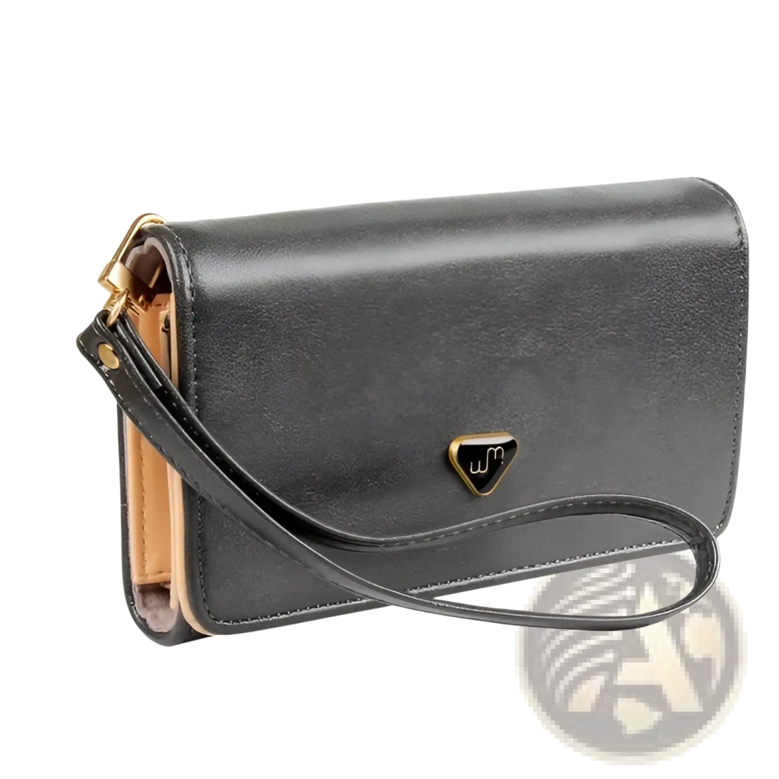 Slim metallic pu leather wristlet wallet and card holder in black faux leather with gold-tone logo and tan interior lining