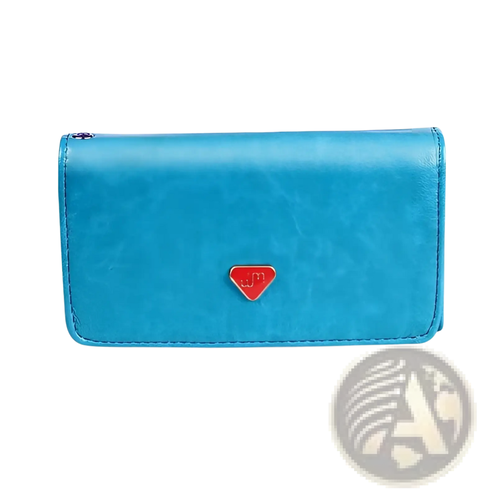 A vibrant turquoise slim metallic pu leather wristlet wallet with textured finish and a red heart emblem on front