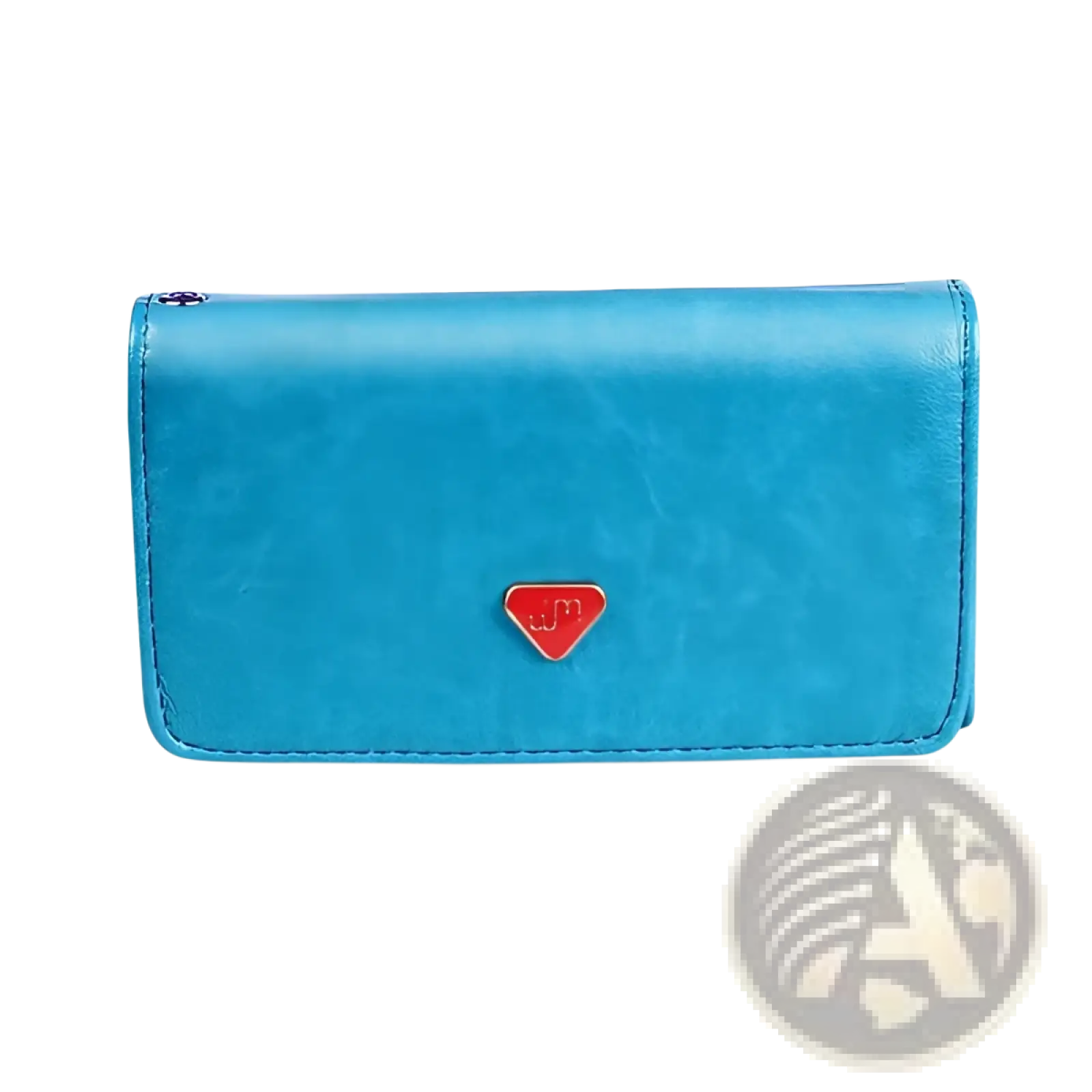 A vibrant turquoise slim metallic pu leather wristlet wallet with textured finish and a red heart emblem on front