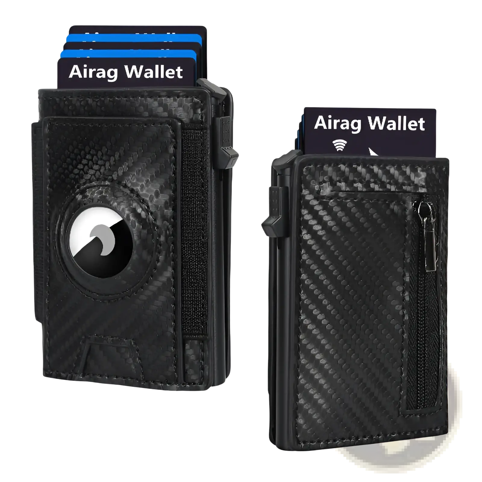Slim rfid carbon fiber pop up card wallet in black with textured finish circular cutout for apple watch and zippered compartment