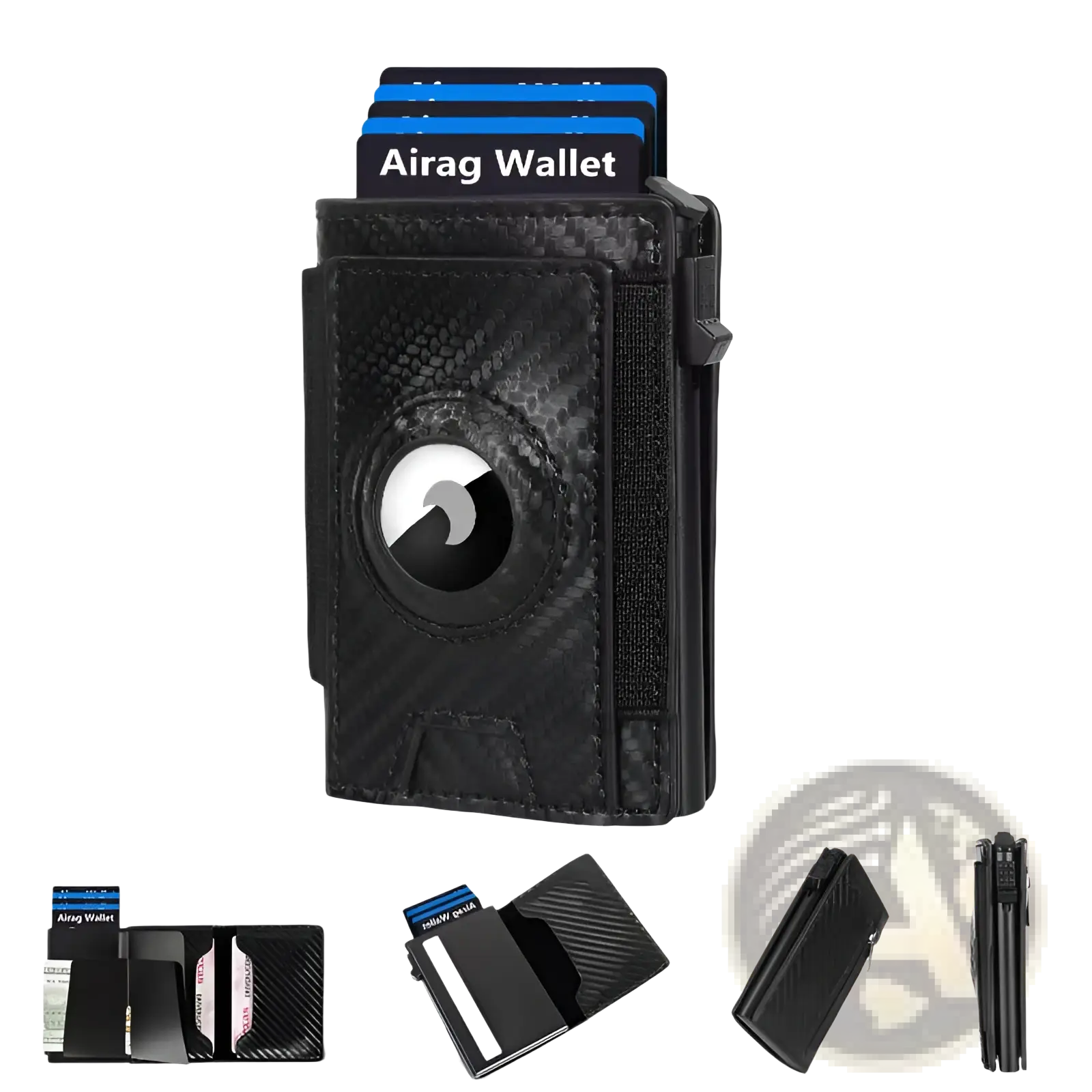 Slim rfid carbon fiber pop up card wallet with money clip in black carbon fiber texture featuring circular cutout for apple watch