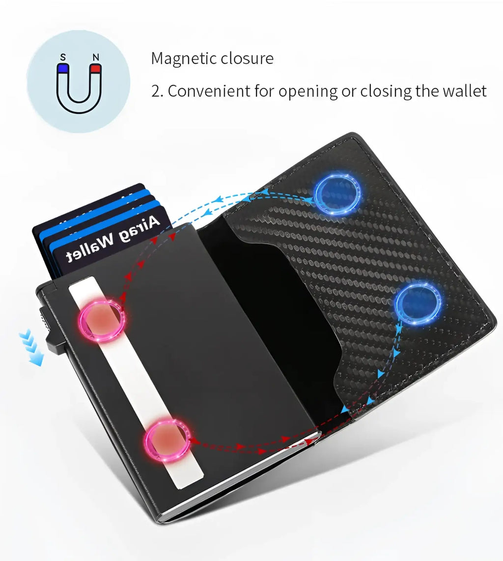 Slim rfid carbon fiber pop up card wallet in black with magnetic closure metallic finish and visible card slots