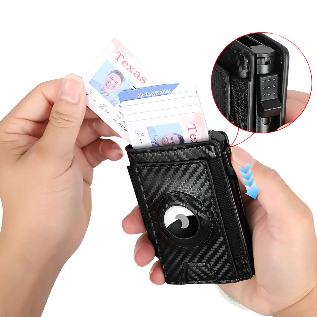 Slim rfid carbon fiber pop up card wallet in black with textured finish and circular airtag cutout for easy tracking