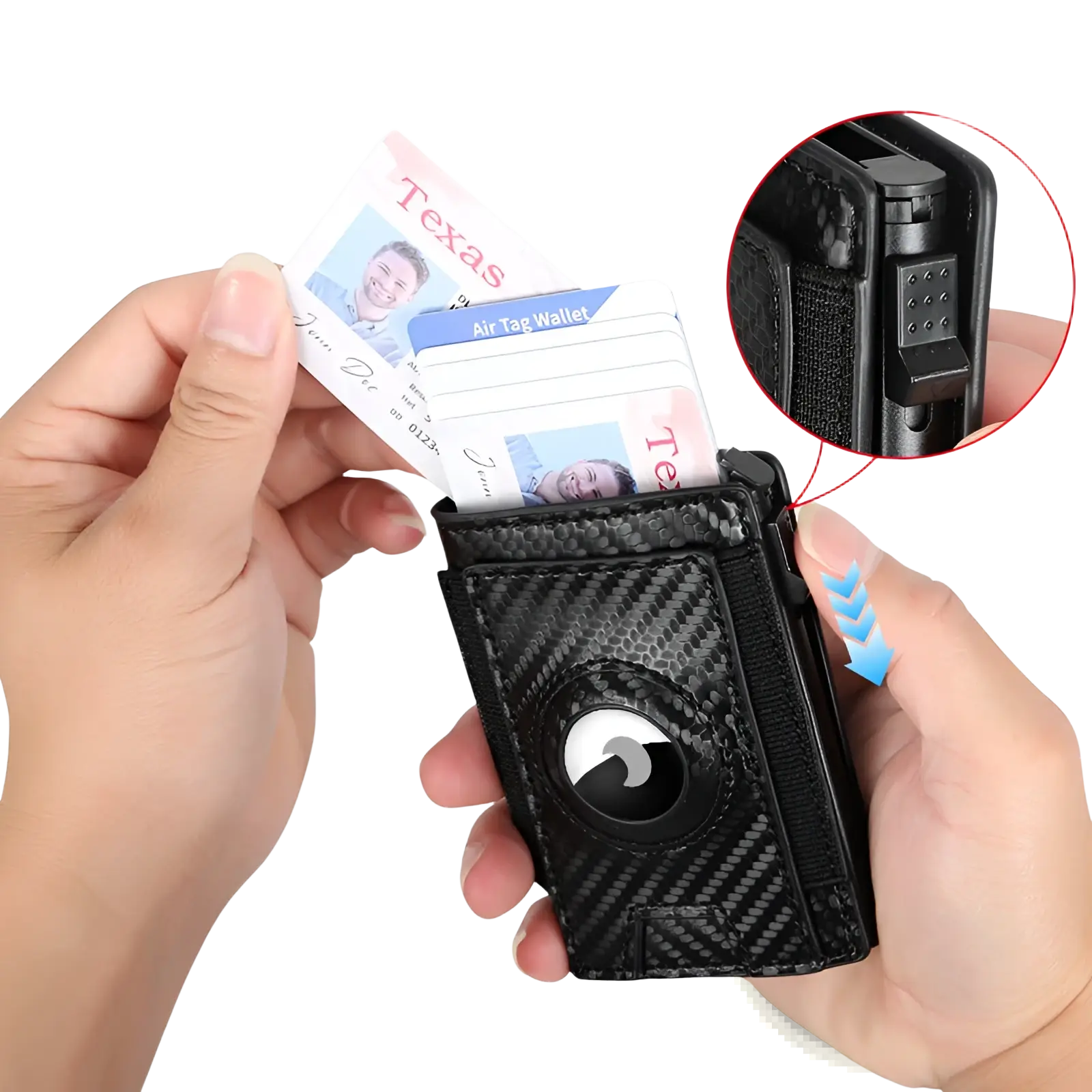 Slim rfid carbon fiber pop up card wallet in black with textured finish and circular airtag cutout for easy tracking