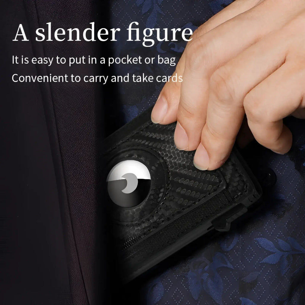 Slim rfid carbon fiber pop up card wallet in black with textured finish and circular silver and black magnetic closure