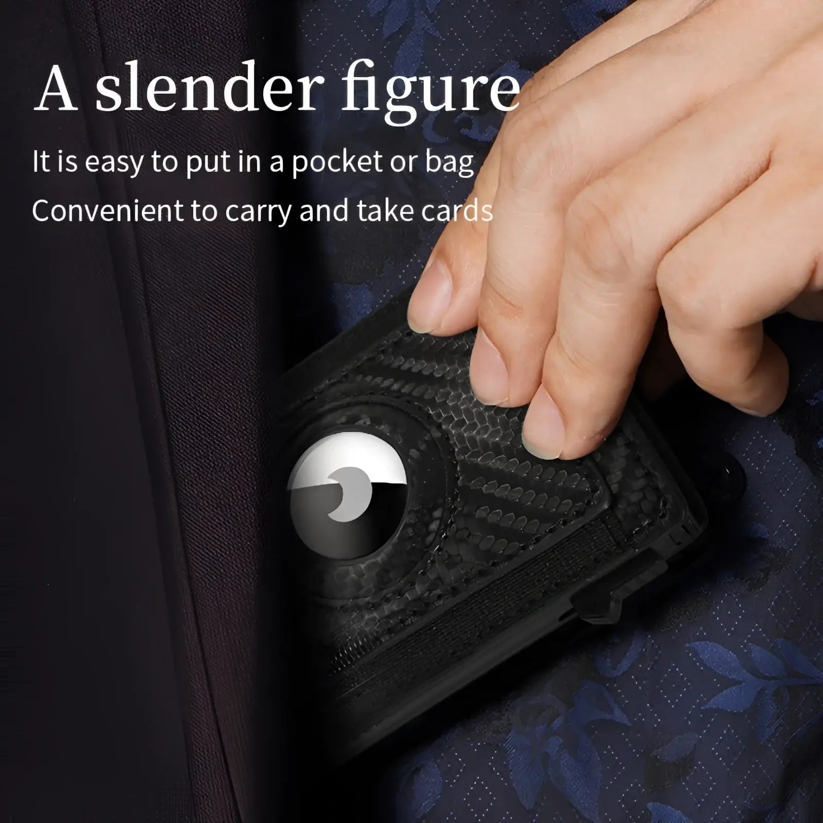 Slim rfid carbon fiber pop up card wallet in black with textured finish and circular silver and black magnetic closure