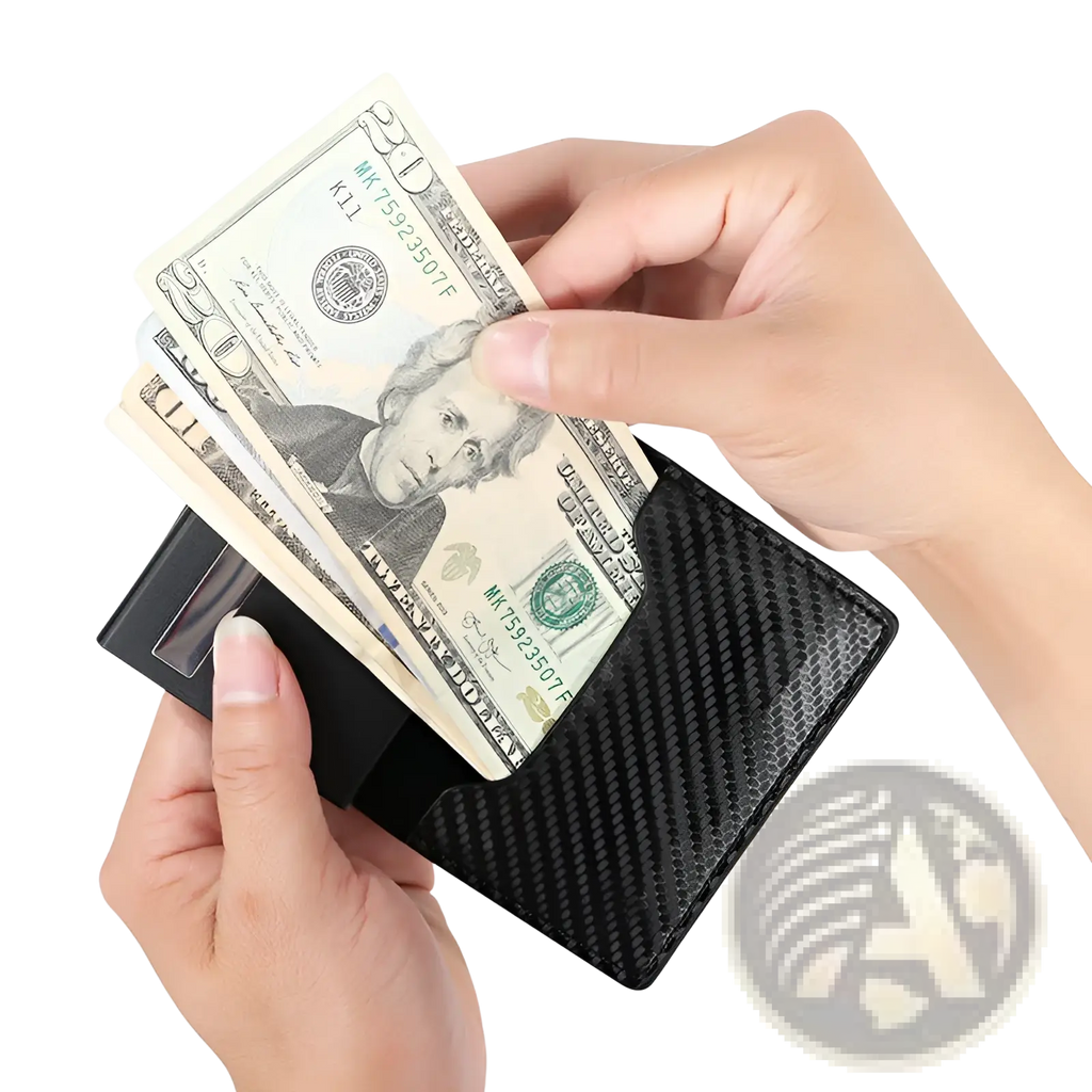 Slim rfid carbon fiber pop up card wallet in black with magnetic closure and multiple card slots for secure storage