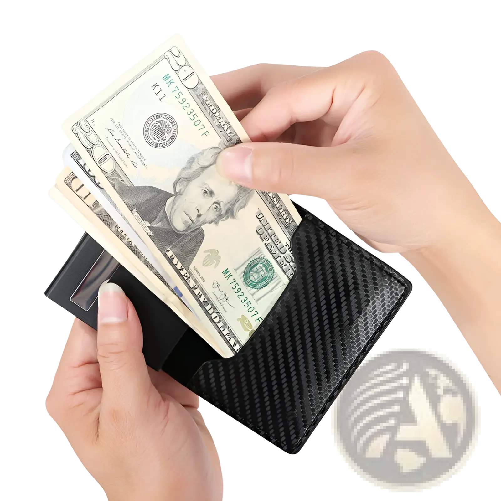 Slim rfid carbon fiber pop up card wallet in black with magnetic closure and multiple card slots for secure storage