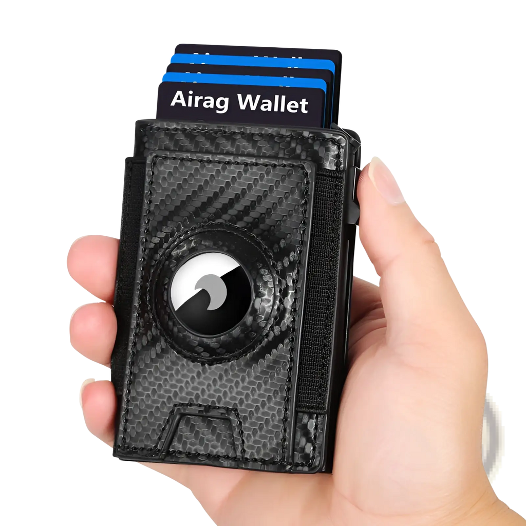 Slim rfid carbon fiber pop up card wallet in black with textured finish and circular magnetic clip with white and black logo