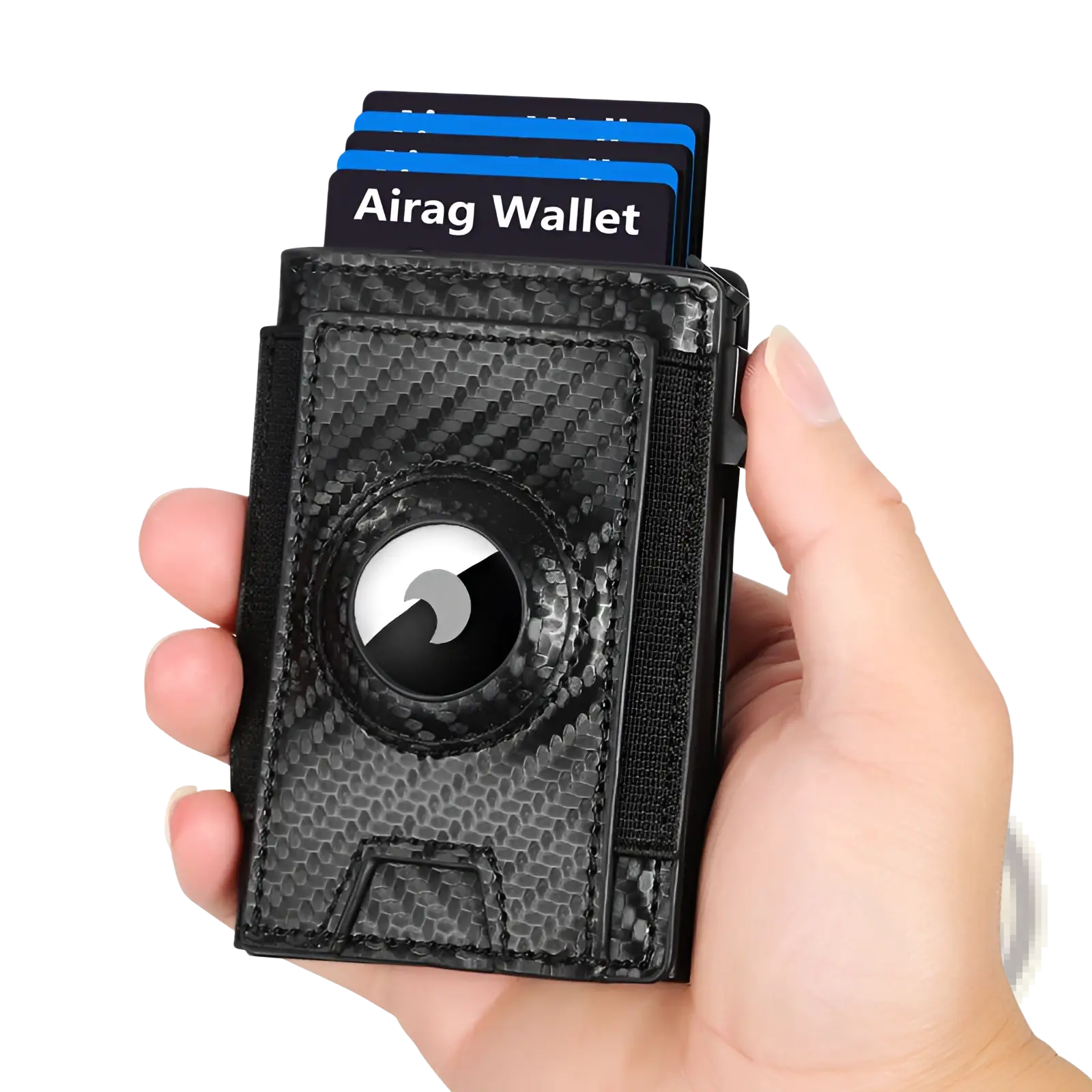 Slim rfid carbon fiber pop up card wallet in black with textured finish and circular magnetic clip with white and black logo