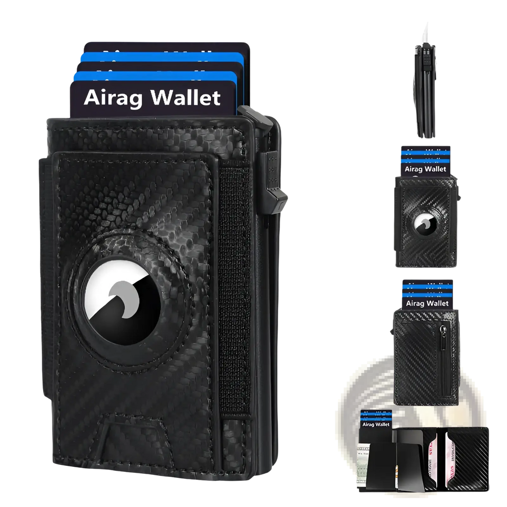 Slim RFID carbon fiber pop up card wallet in black with textured airag finish circular magnetic closure and card slots