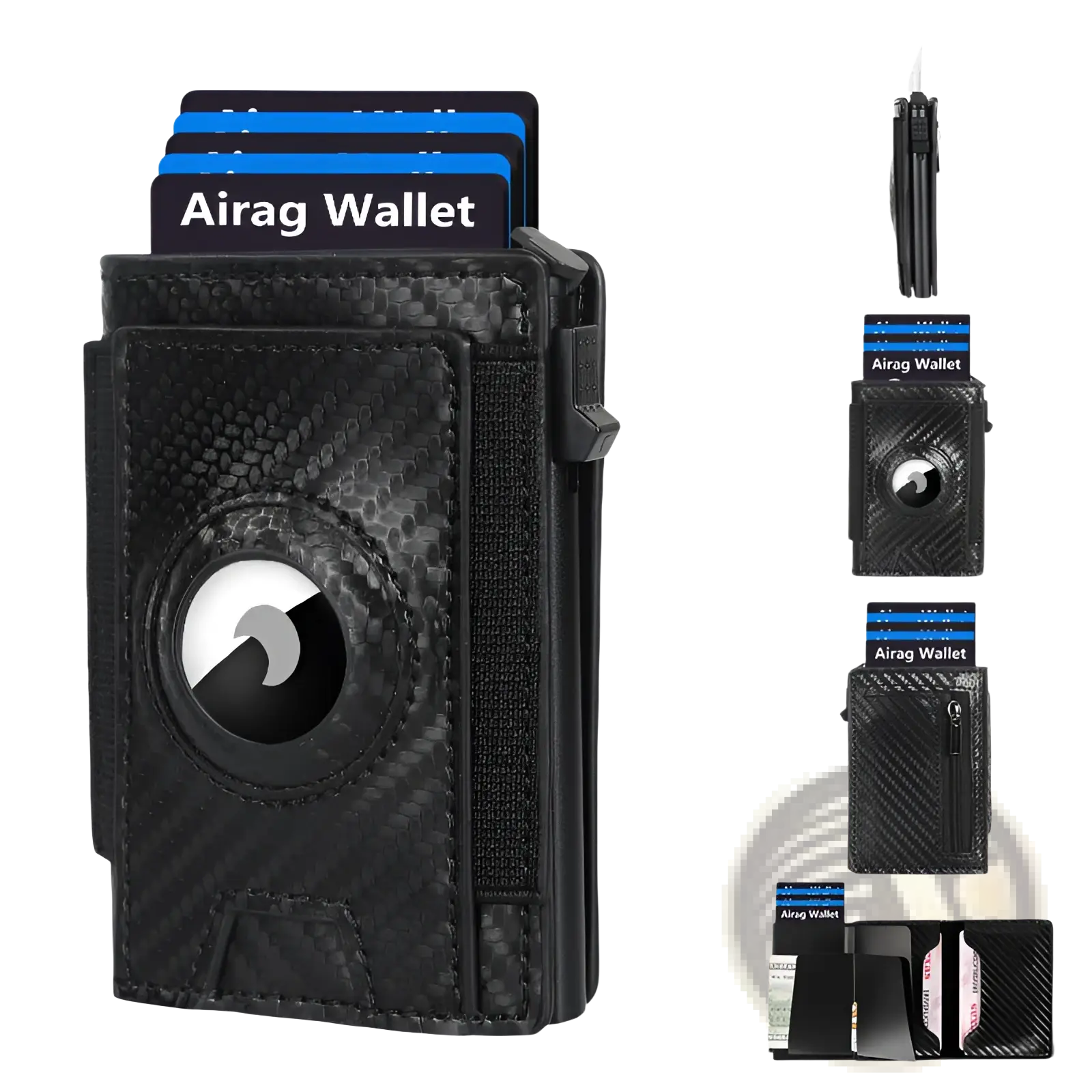 Slim RFID carbon fiber pop up card wallet in black with textured airag finish circular magnetic closure and card slots