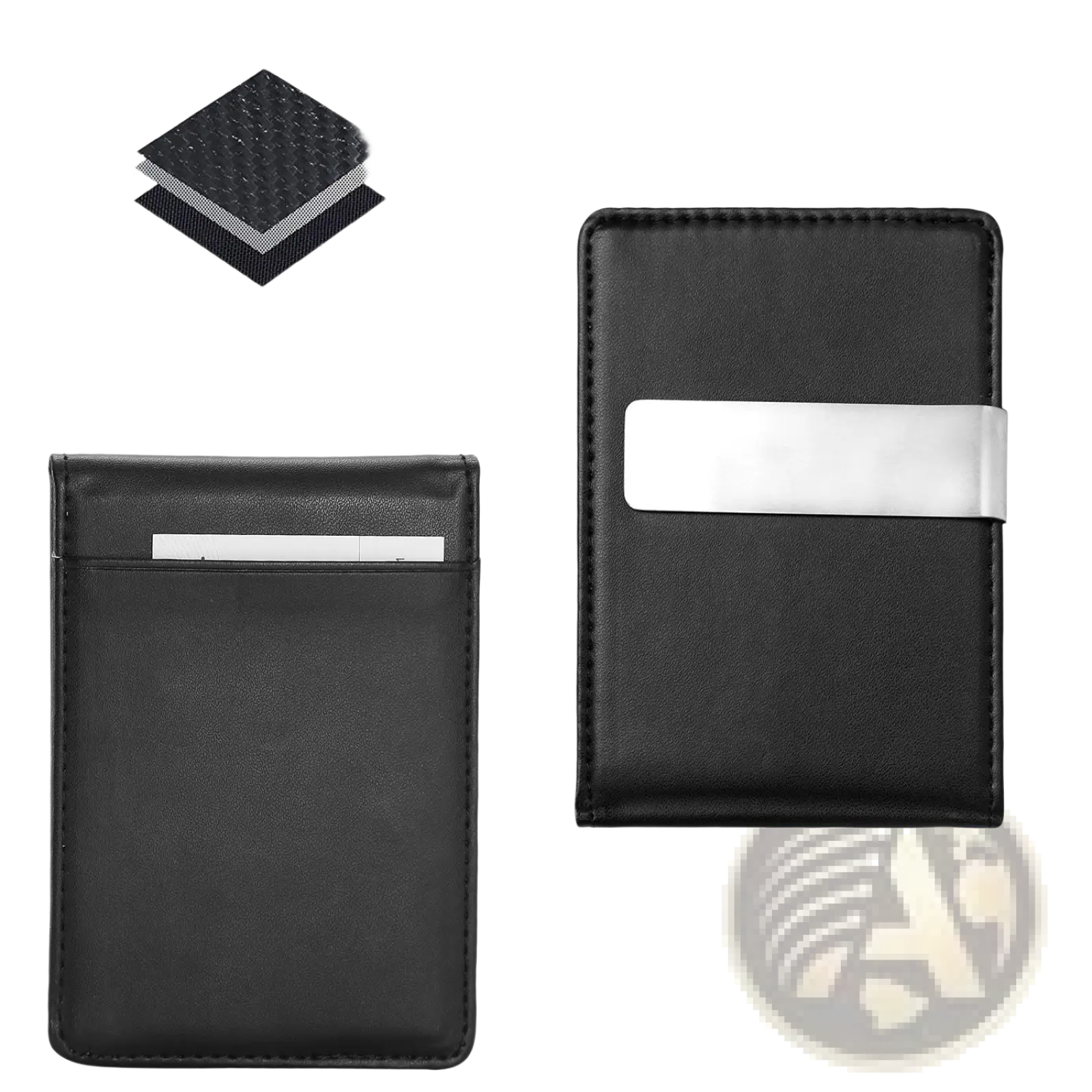 Slim unisex black pu leather wallet with silver metal money clip and rfid blocking material on front side