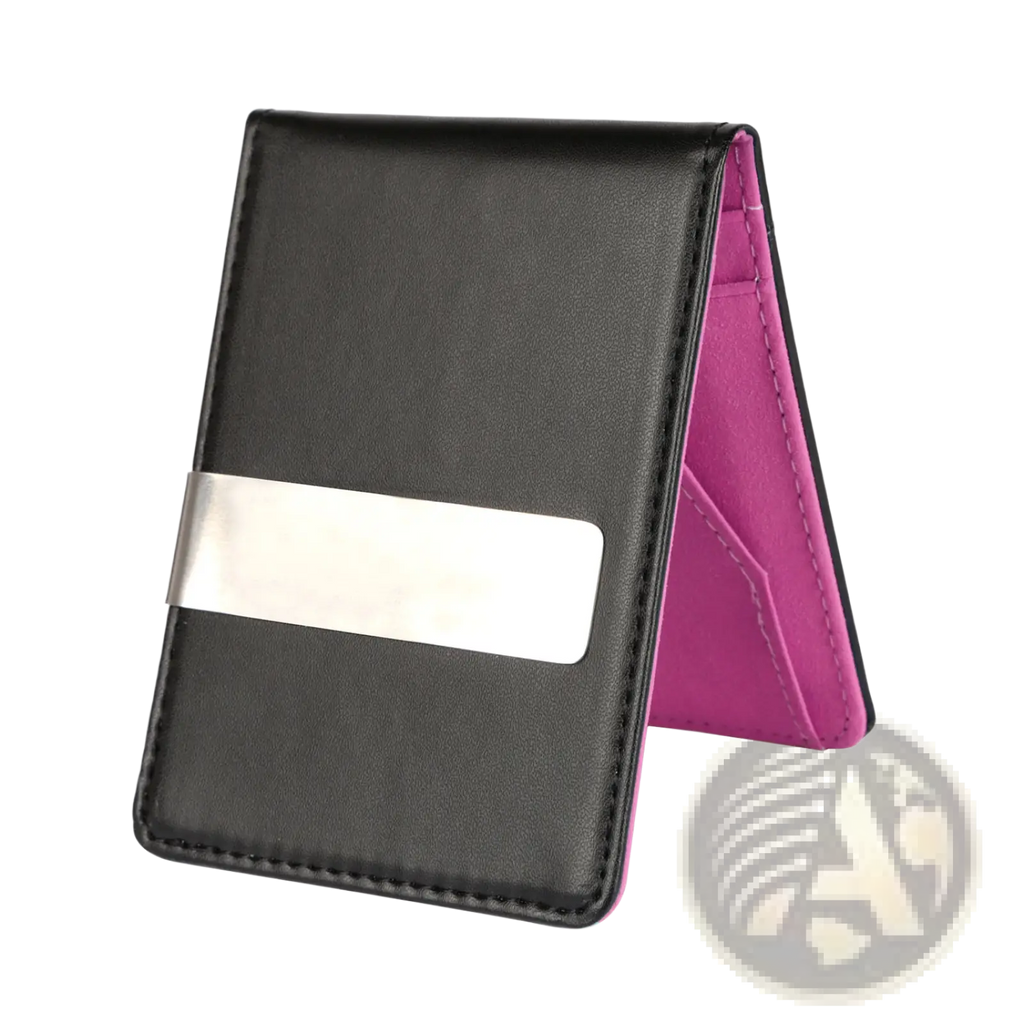 Slim unisex black pu leather wallet with silver metal money clip and pink interior lining for secure storage