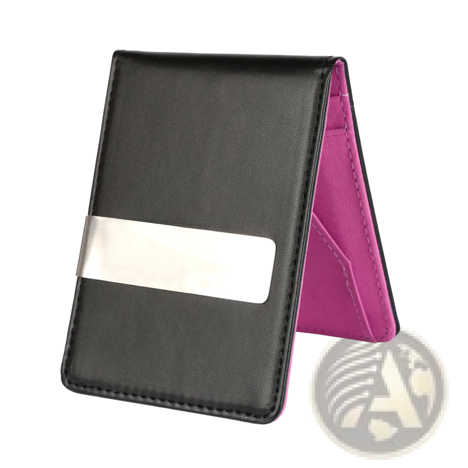 Slim unisex black pu leather wallet with silver metal money clip and pink interior lining for secure storage