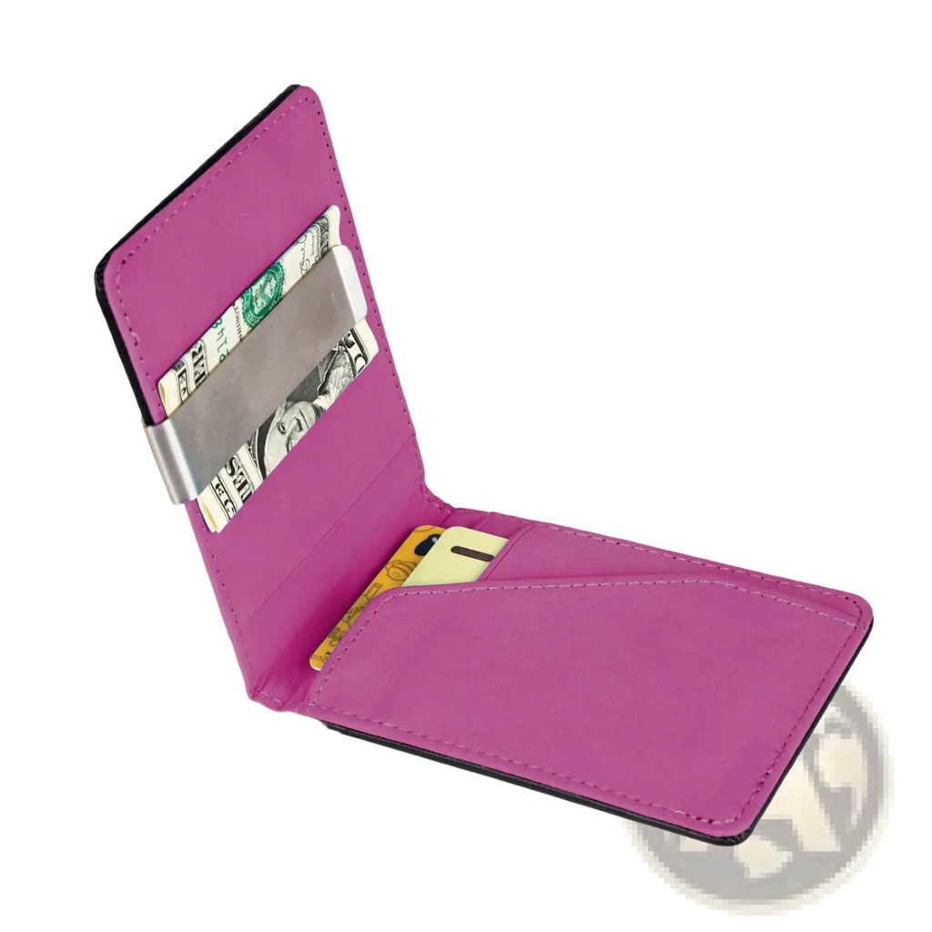 Slim unisex pu leather wallet in vibrant pink with black trim and silver metal money clip featuring card slots and cash compartment
