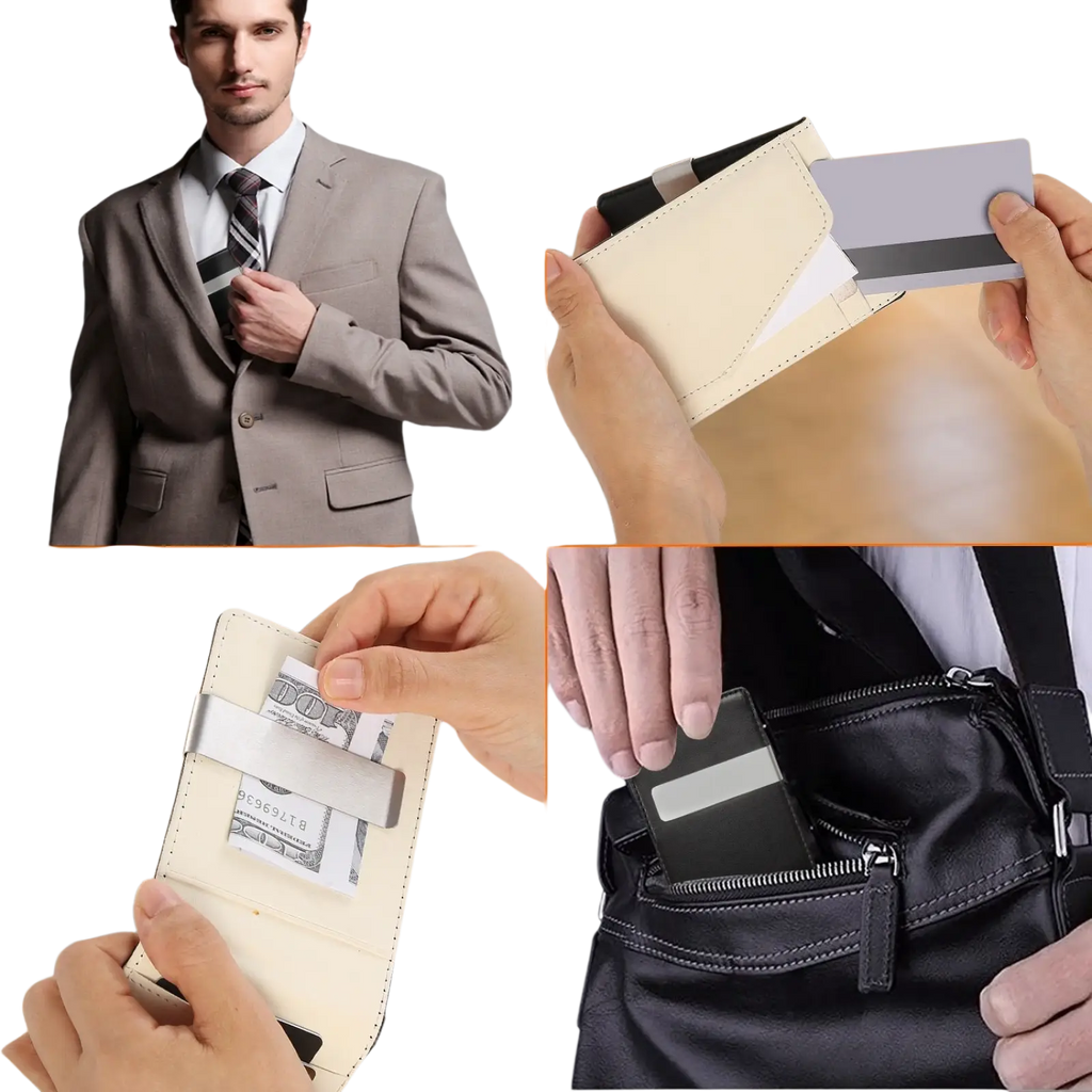 Cream-colored slim unisex pu leather wallet with sleek silver metal money clip for secure cash storage
