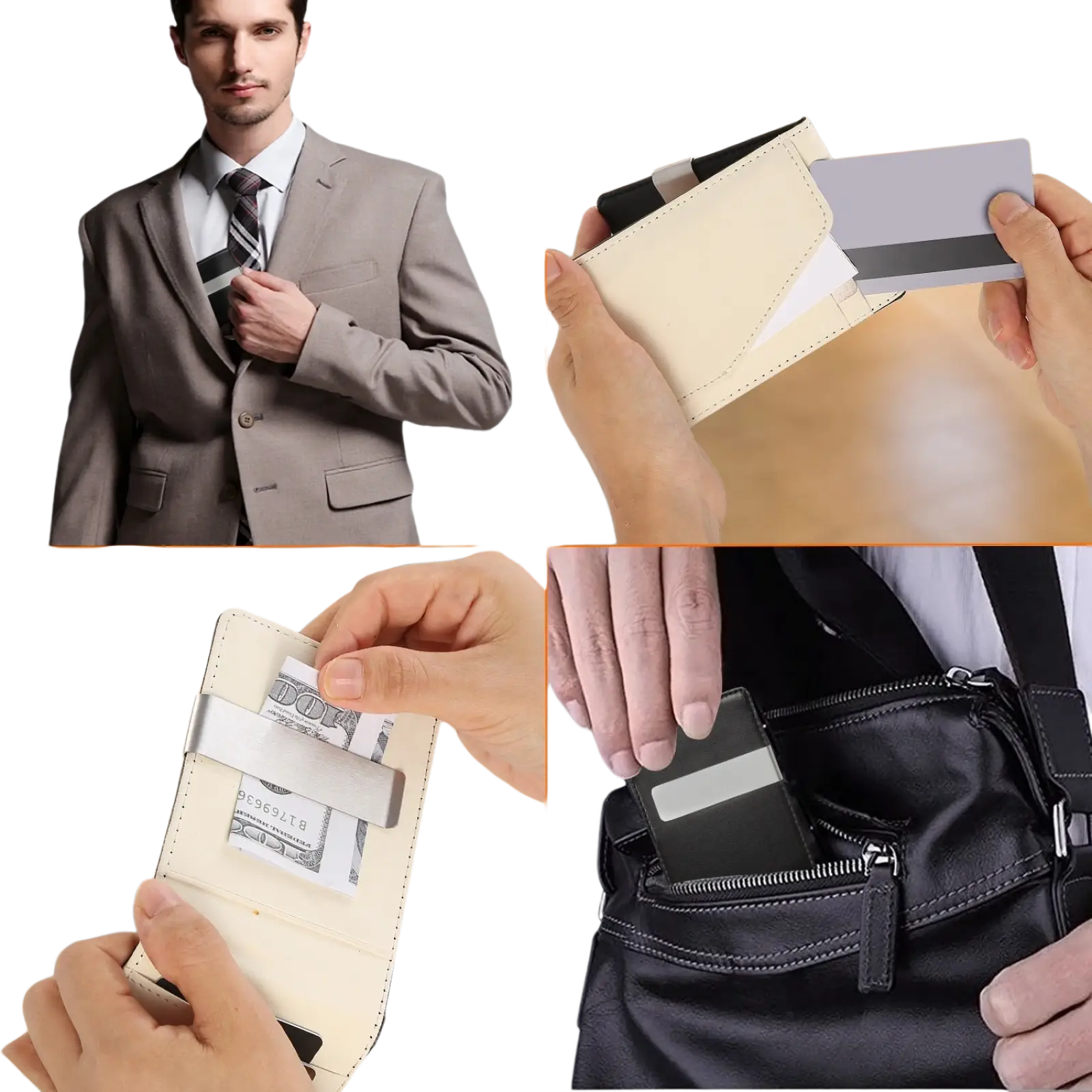 Cream-colored slim unisex pu leather wallet with sleek silver metal money clip for secure cash storage