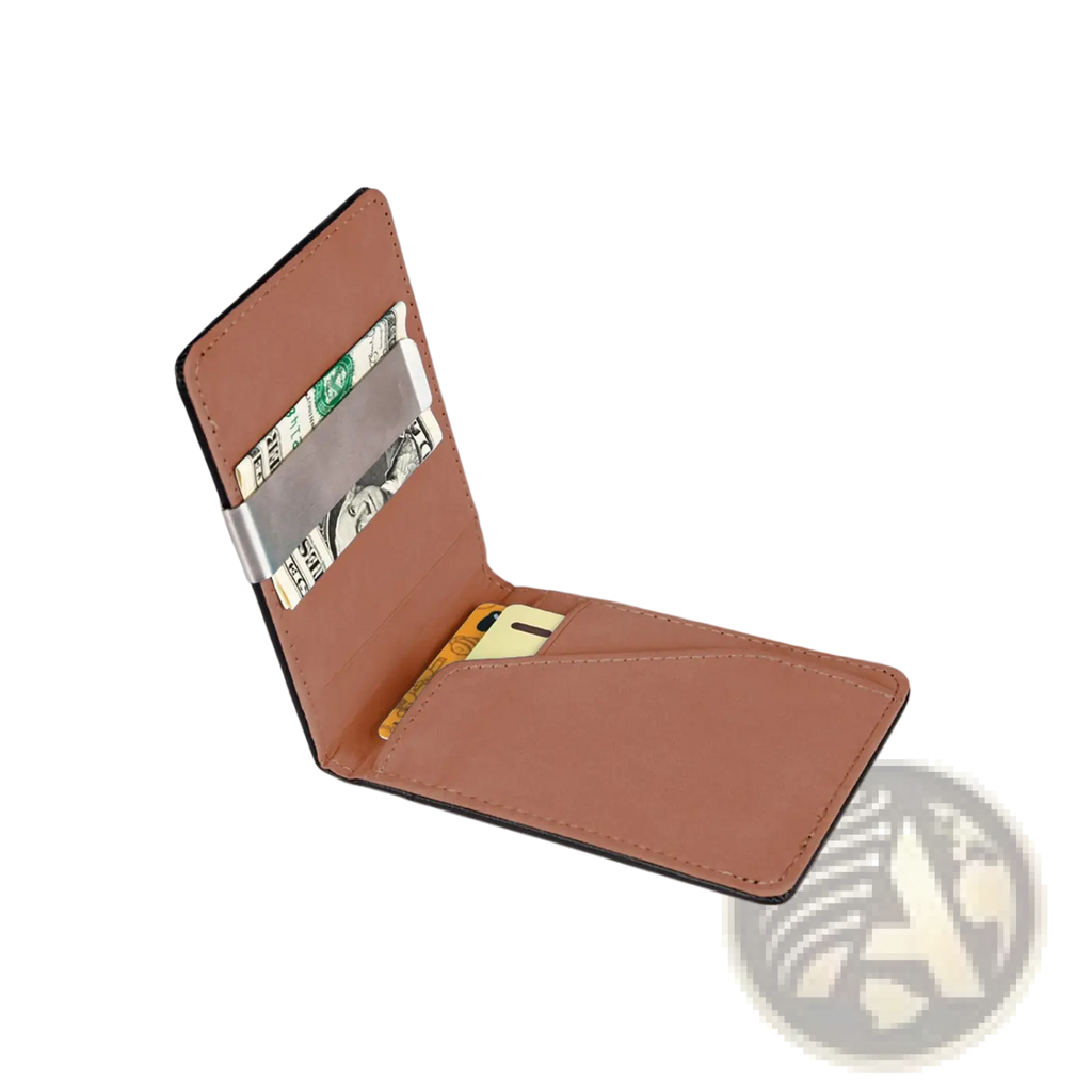Slim unisex tan pu leather wallet with silver metal money clip holding cash and cards securely