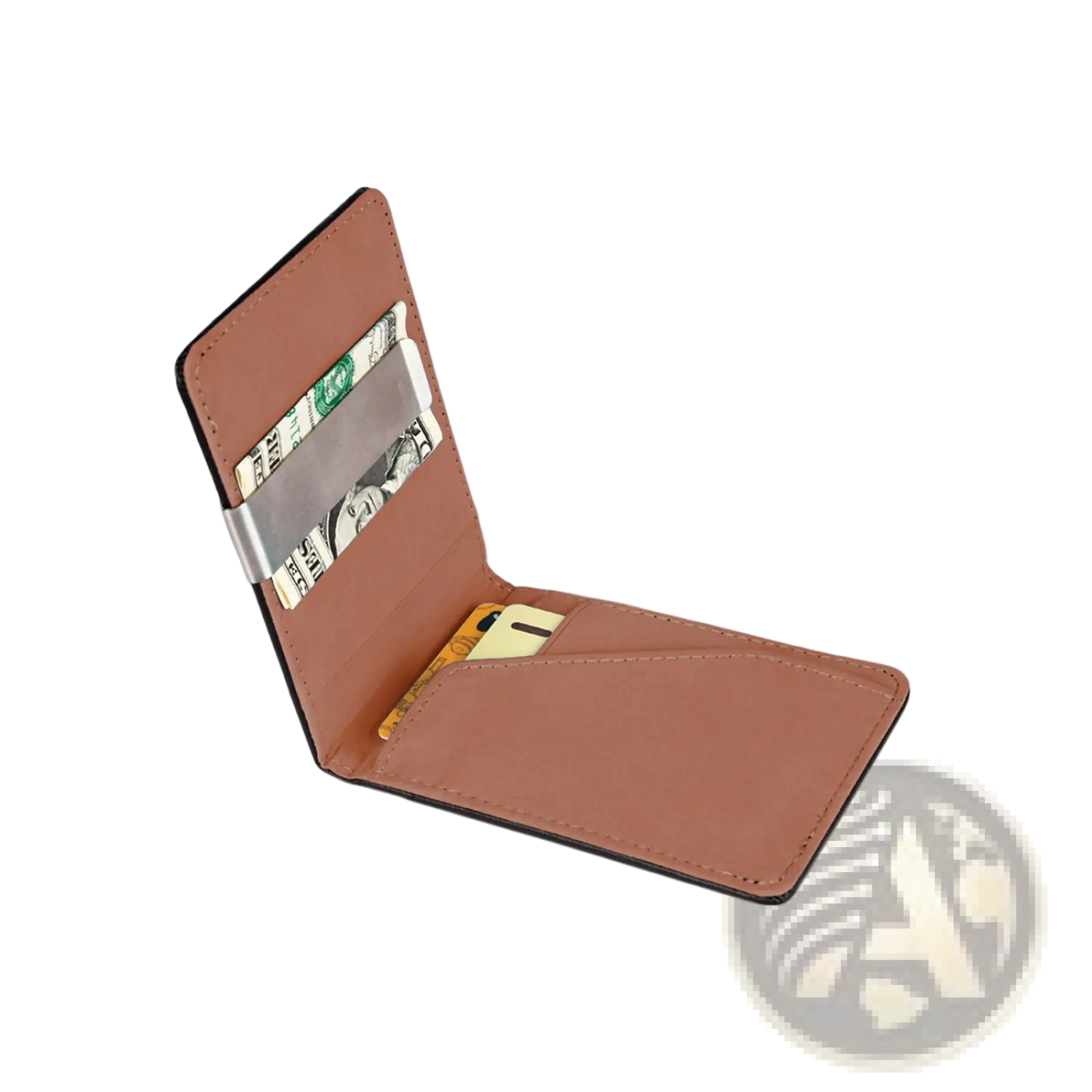 Slim unisex tan pu leather wallet with silver metal money clip holding cash and cards securely