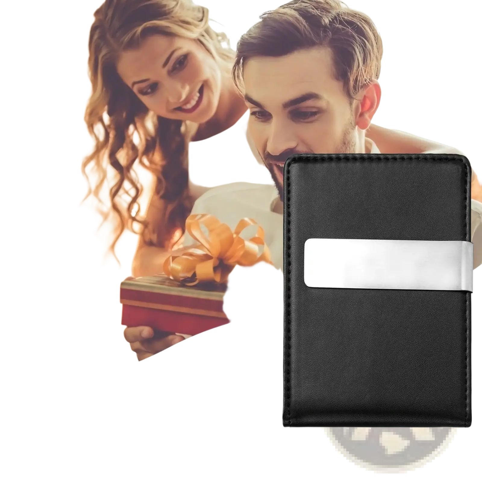 Slim unisex pu leather wallet in black with a silver metallic strip and metal money clip on the front