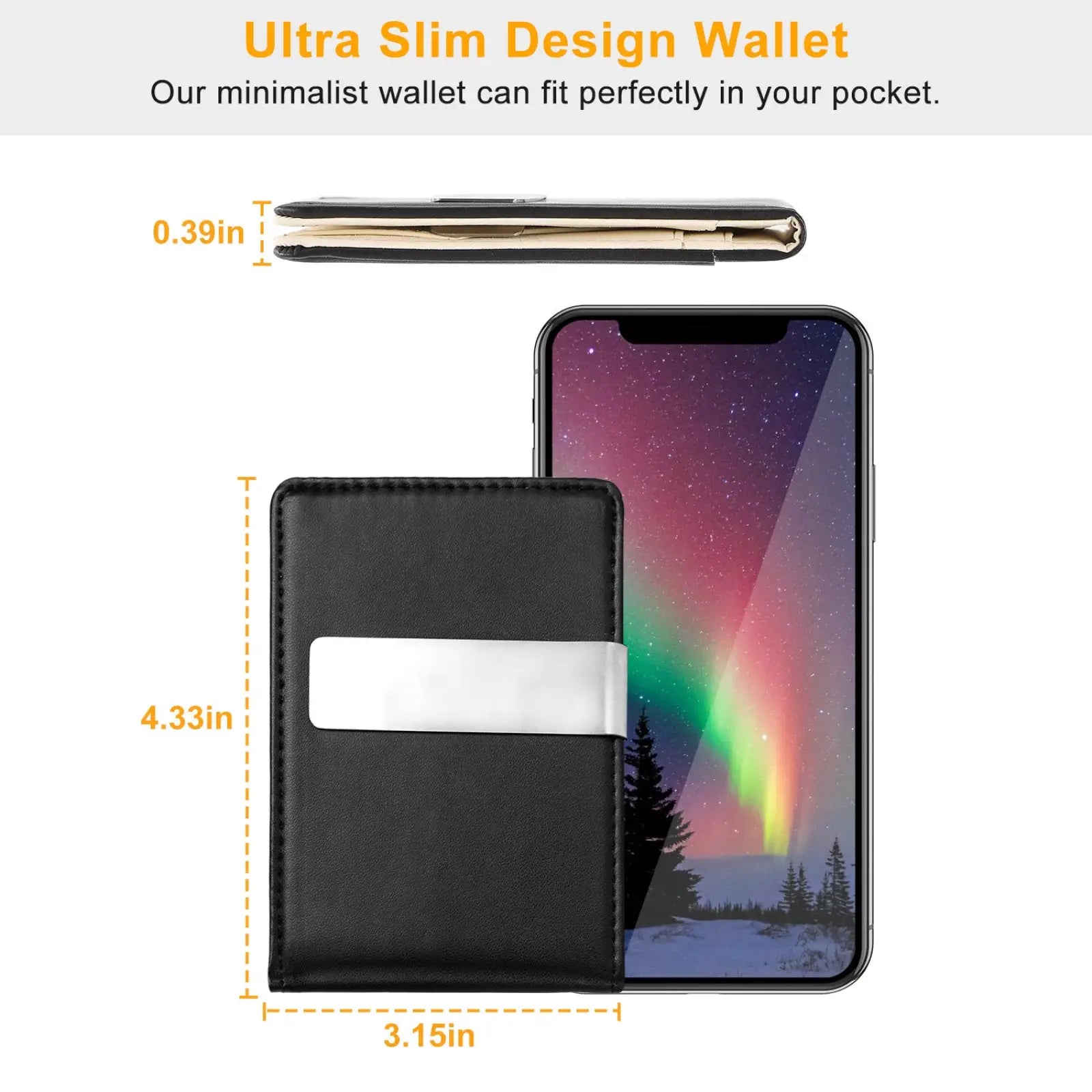 Black ultra slim unisex pu leather wallet with silver magnetic strip and gold-tone hardware metal money clip
