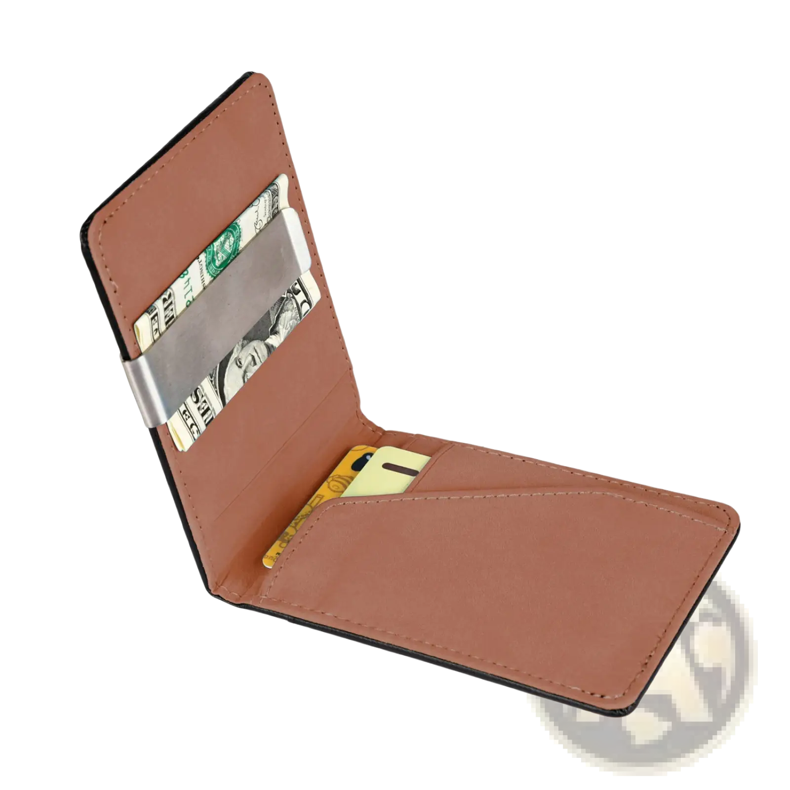 Slim unisex brown pu leather wallet with black trim and silver metal money clip holding dollar bills