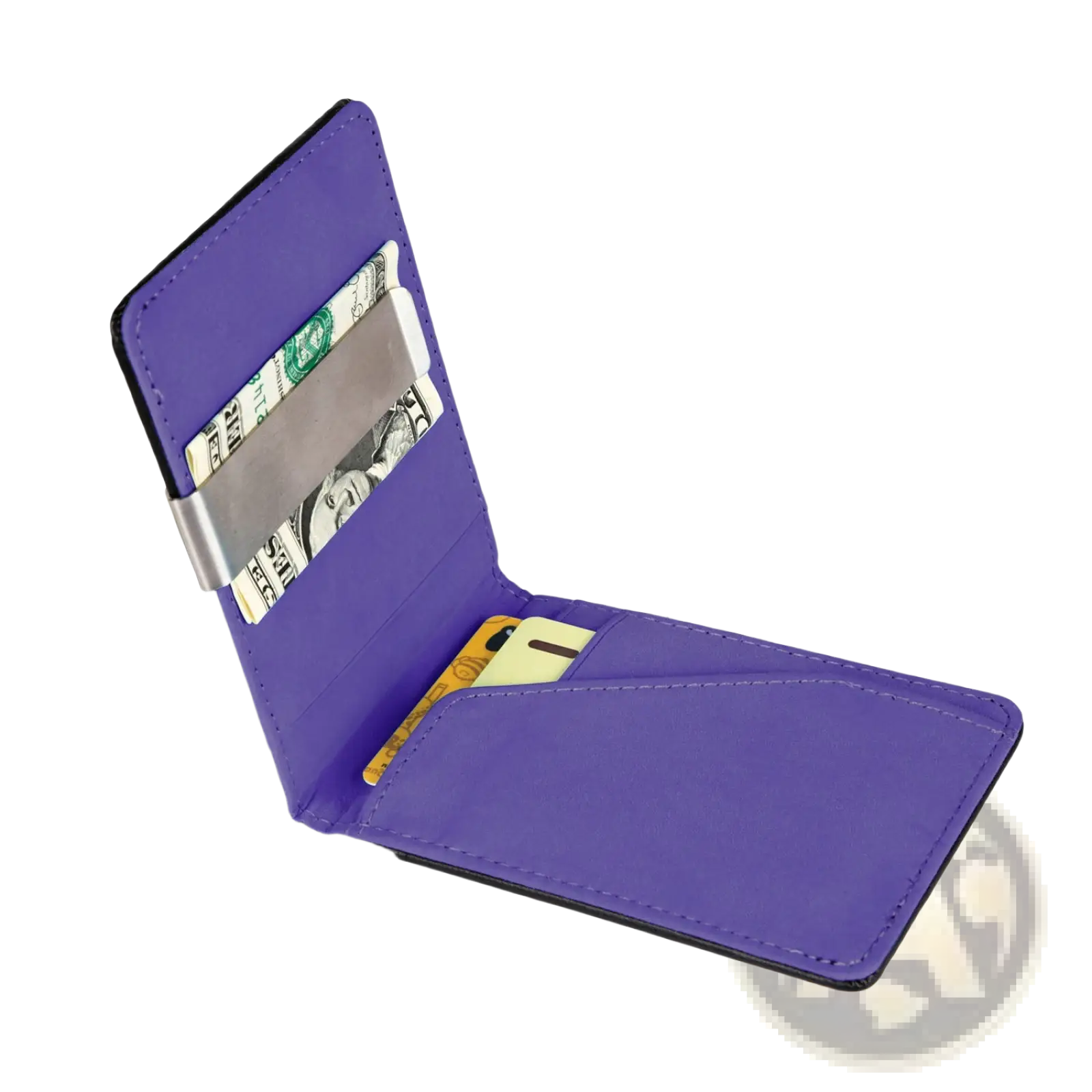 Slim unisex pu leather wallet in purple with black trim and a silver metal money clip for secure storage