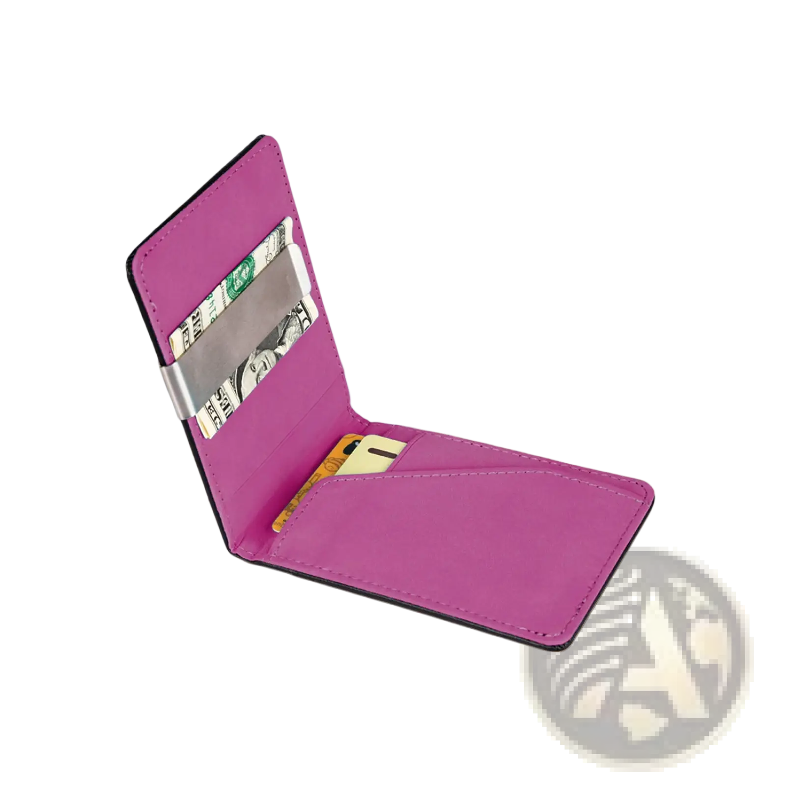 Slim unisex pink pu leather wallet with silver metal money clip holding cash and a yellow card