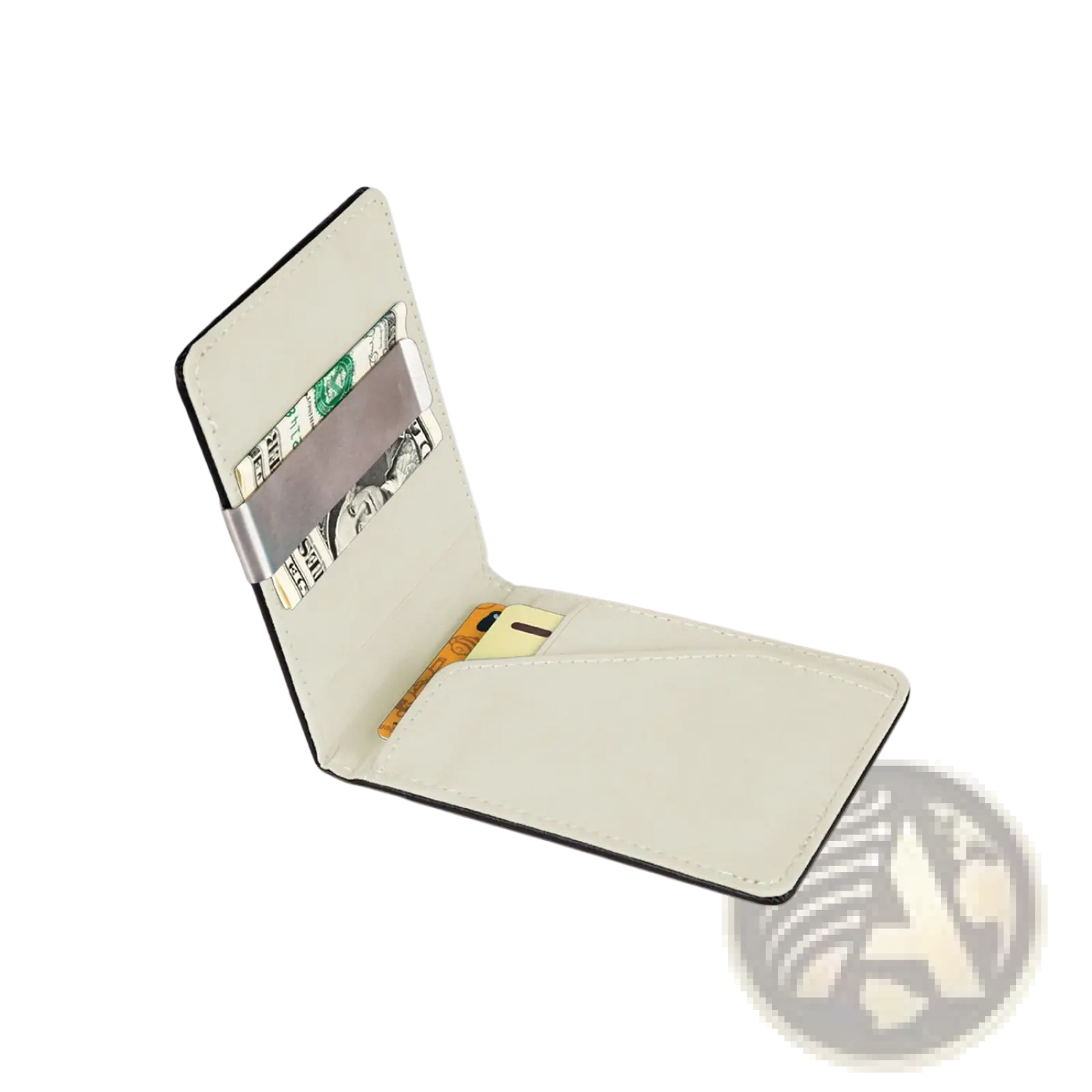 Slim unisex cream-colored pu leather wallet with black stitching and silver metal money clip holding cash