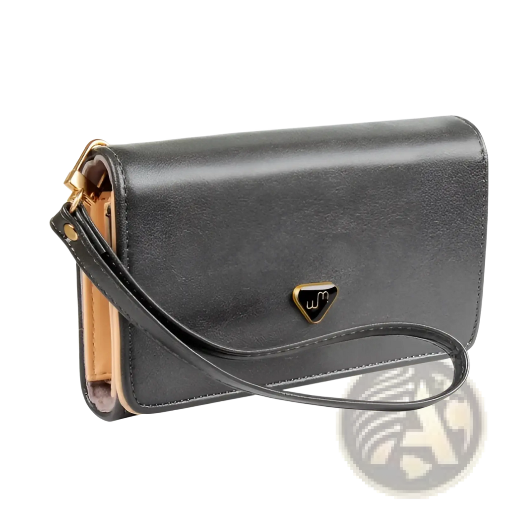 Black faux leather crossbody wallet with gold-tone triangular logo and matching strap in slim teal wristlet style